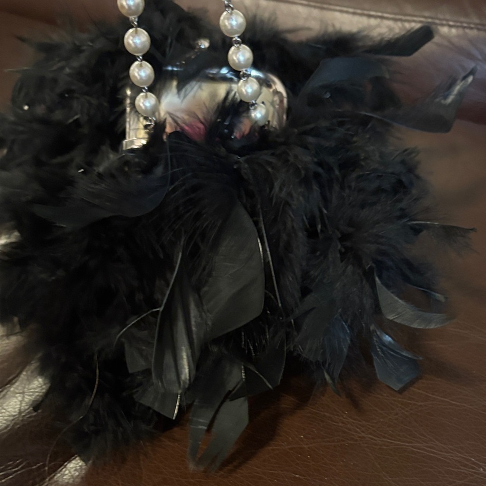 Black Feathered Handbag with Pearl Handle